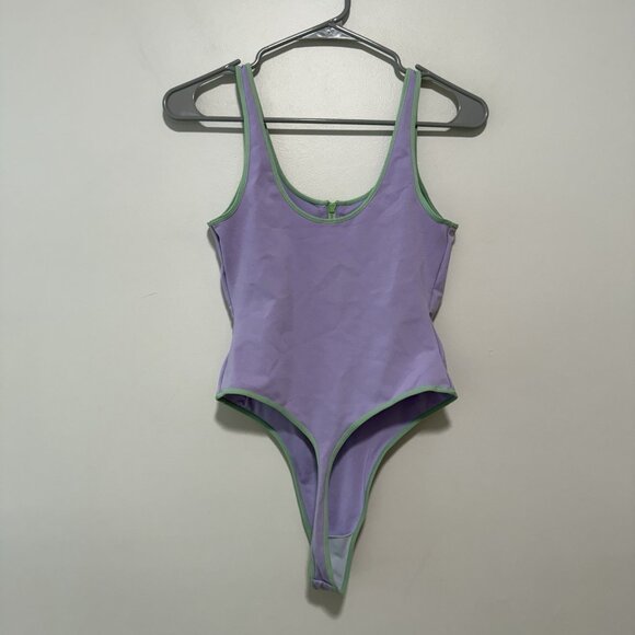 Alo Yoga Supernova Purple Thong Bodysuit Green Trim Zipper - Picture 5 of 8